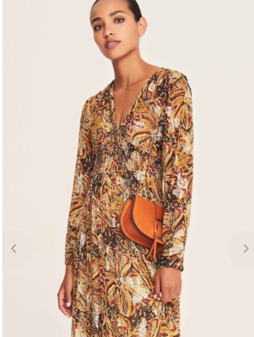 Ba&sh Quartz Metallic Floral V-Neck Dress in Gold, Black, Rust